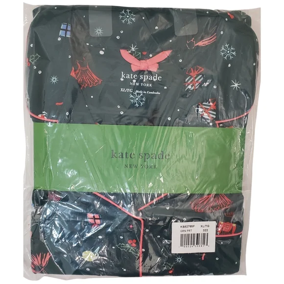 KATE SPADE New York Pajama Set Women XL Long Sleeve Notch Collar Holiday NWT - Picture 1 of 2